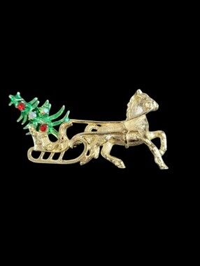 Vintage Gold Horse and Sleigh Brooch with Green Christmas Tree